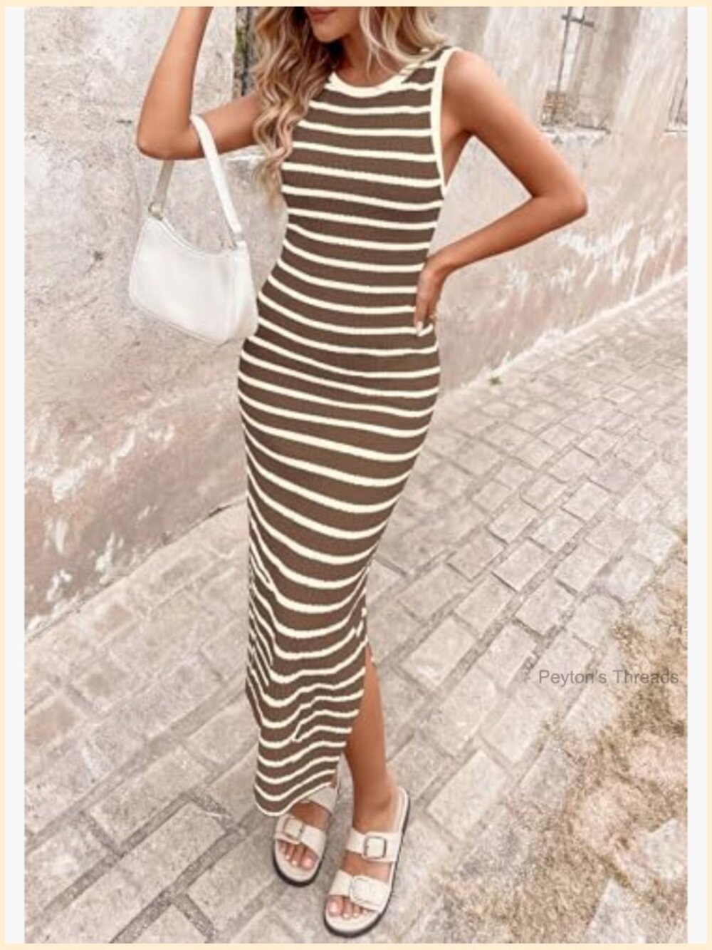 Striped Knit Bodycon Maxi Dress with Side Slit Summer Beach Vacation - Picture 3 of 7